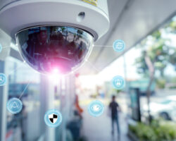 Security,cctv,camera,and,icons,at,front,of,supermarket.security,systems